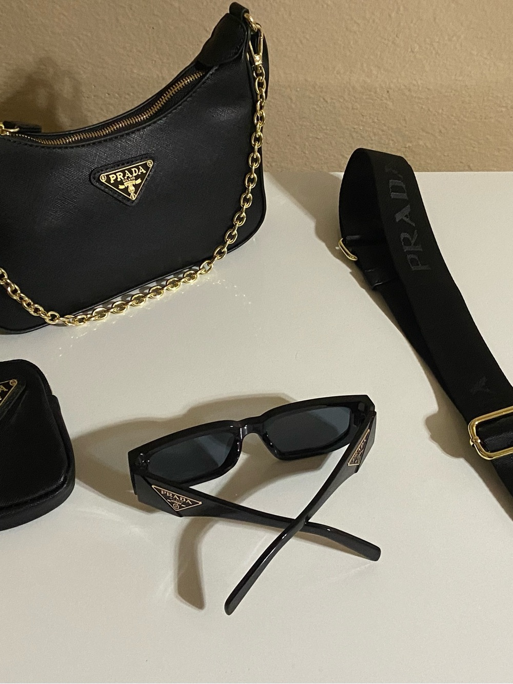 Prada Black Leather Bag, Chain Strap, Sunglasses & Pouch Set - Picture 2 of 13